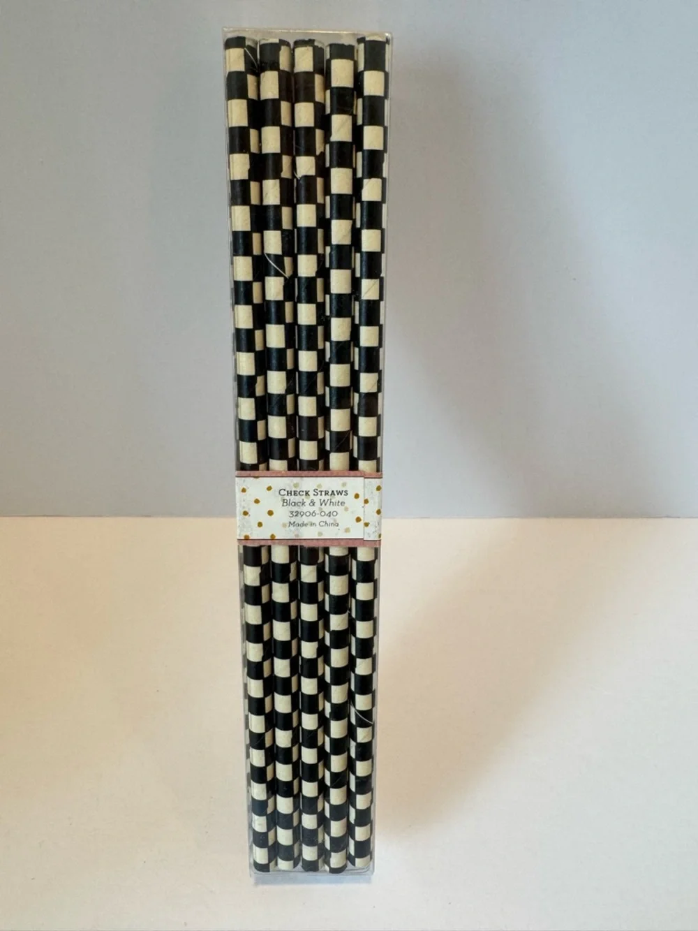 NWT MacKenzie-Childs Black and Cream Check Paper Straws - 25 Pack